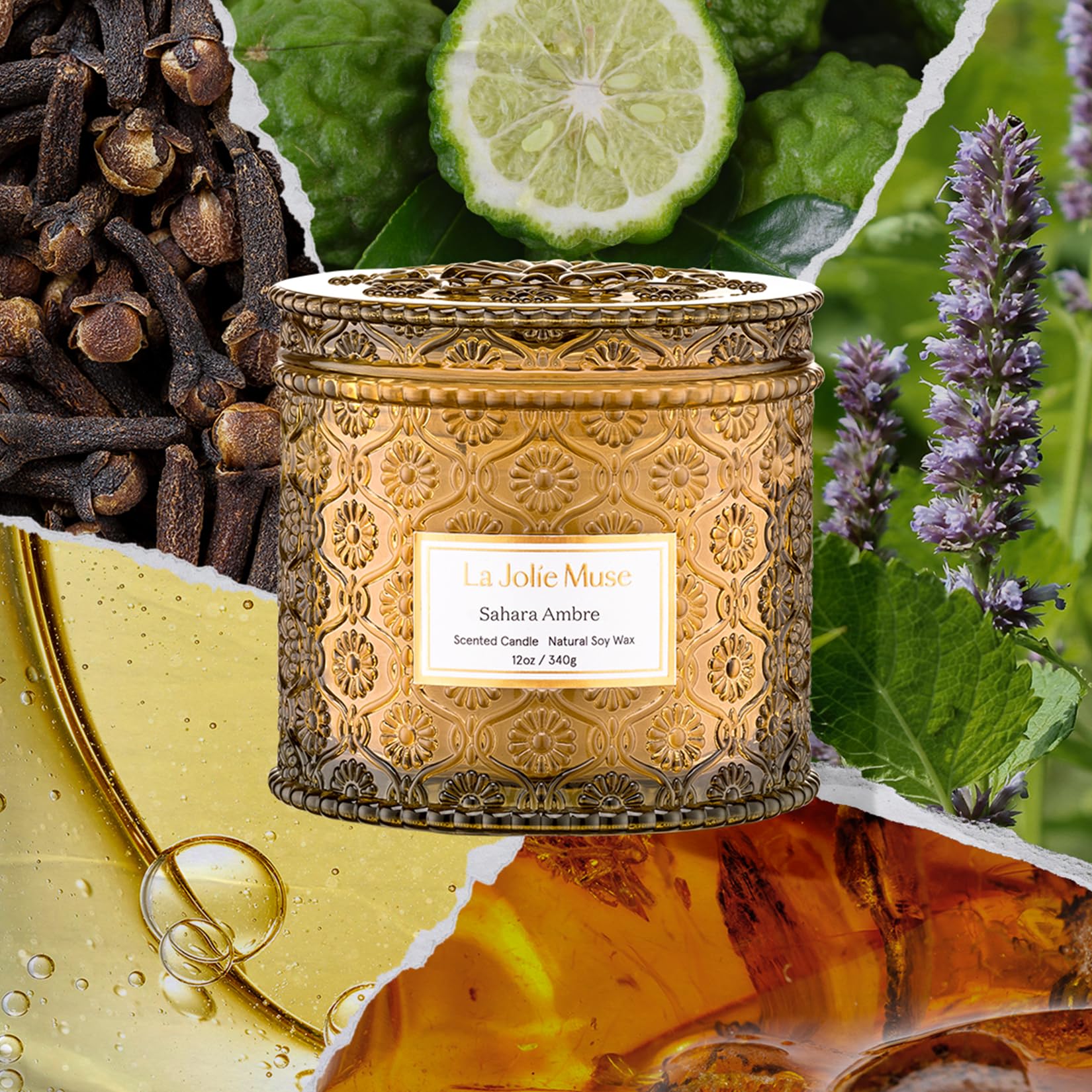 LA JOLIE MUSE Sahara Amber Candle 12oz size provides longer, clean burns.
