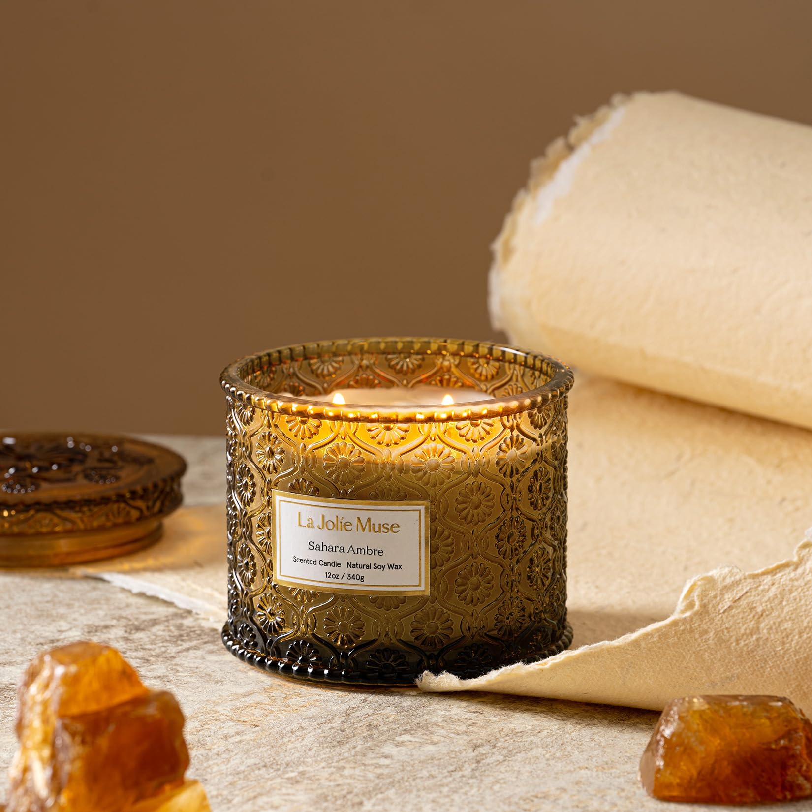 LA JOLIE MUSE Sahara Amber Candle two-wick burn for fuller fragrance in larger rooms.