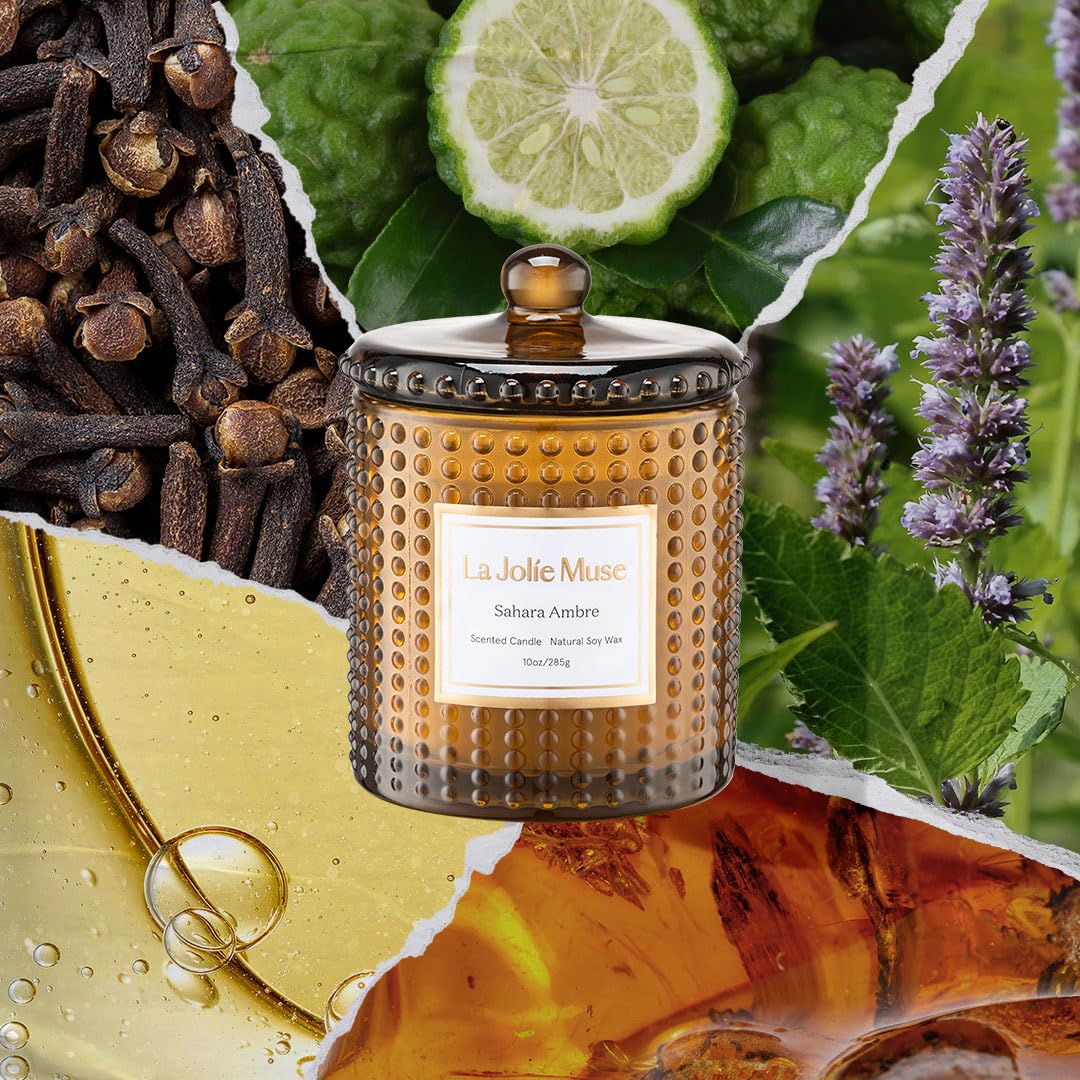 Close-up of Sahara Amber candle in hobnail glass showing texture and glow.