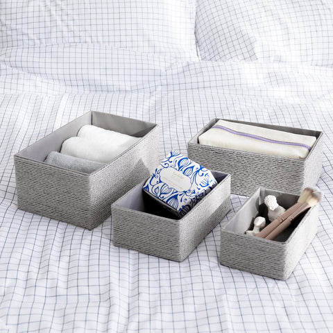 LA JOLIE MUSE stackable bin for towels and underwear on open shelves.