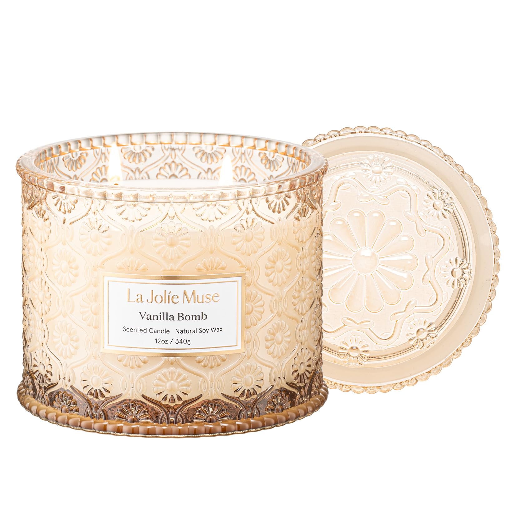 LA JOLIE MUSE Vanilla Bomb Candle jar front glowing for cozy ambiance