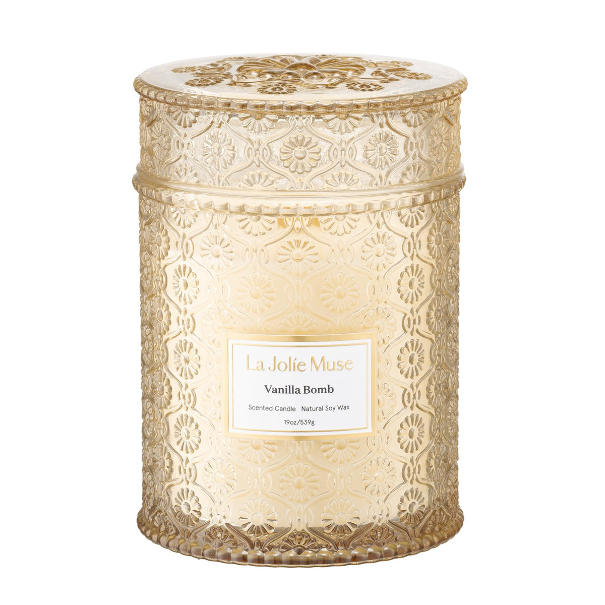 LA JOLIE MUSE Vanilla Bomb Candle jar enhances a cozy living space