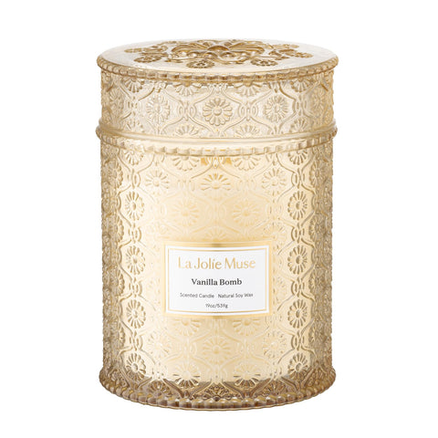 LA JOLIE MUSE Vanilla Bomb Candle jar enhances a cozy living space