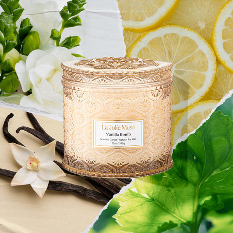 LA JOLIE MUSE Vanilla Bomb Candle label showing premium scent notes