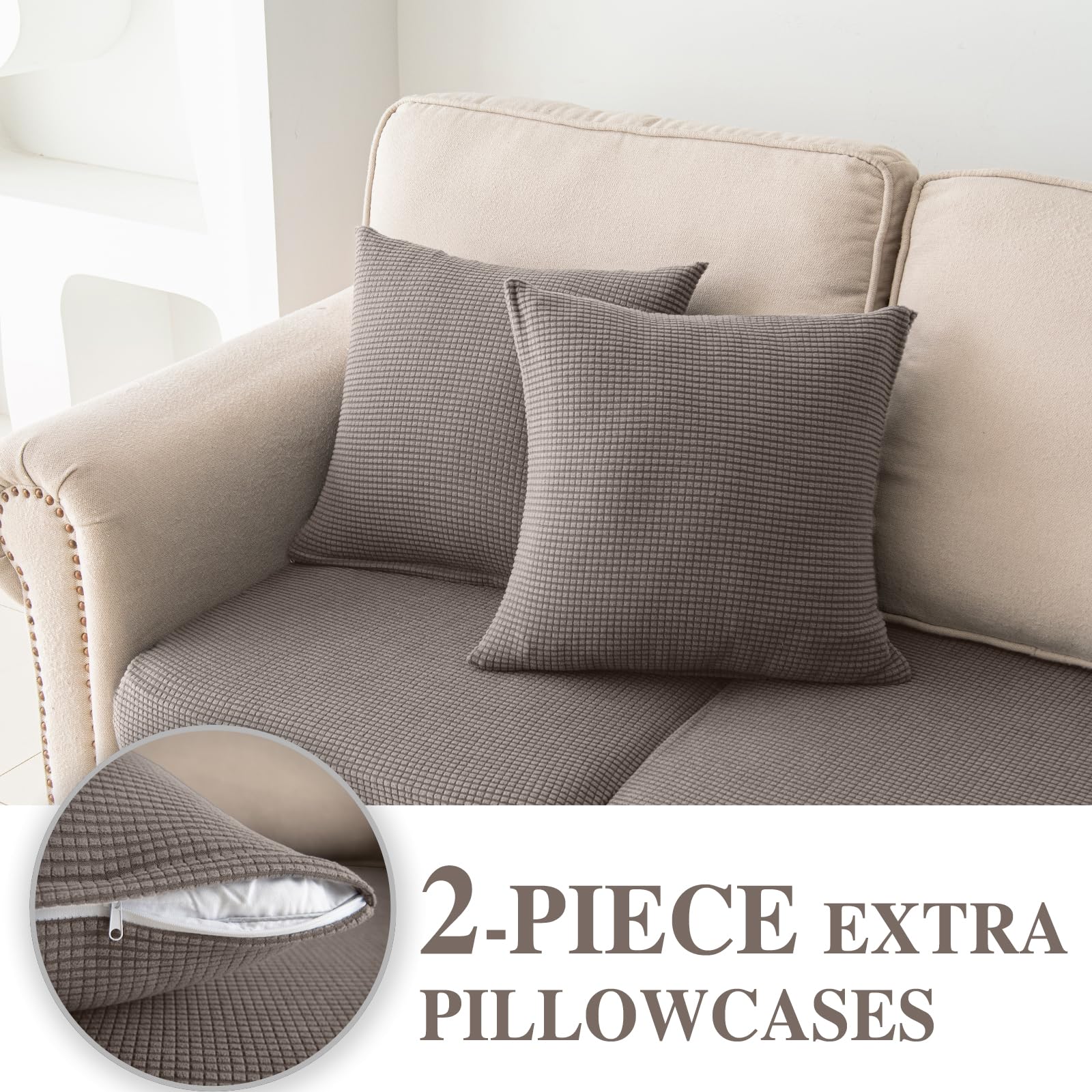 LA MEACK chaise cushion cover in taupe provides smooth fit and daily protection.