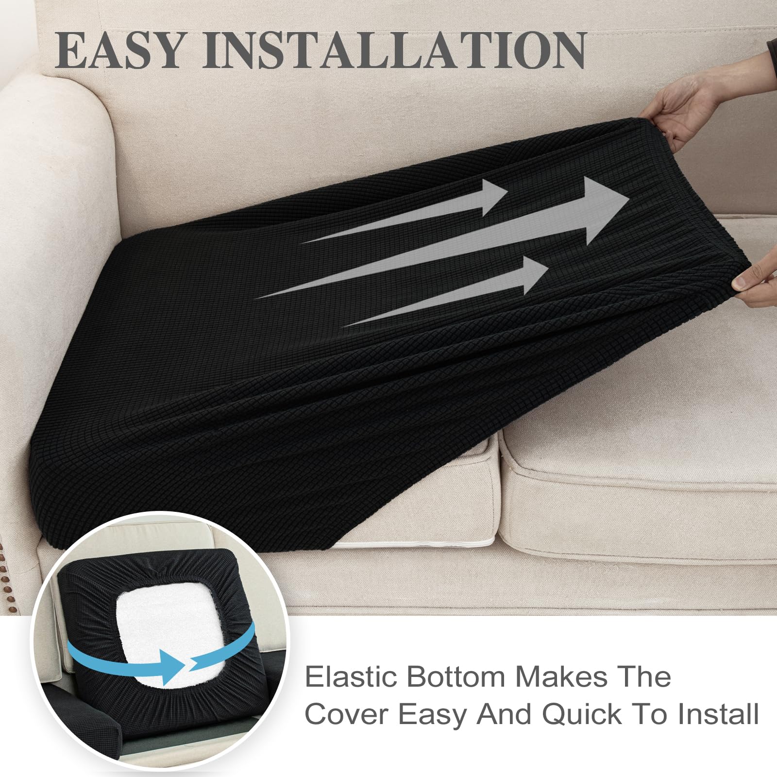 LA MEACK elastic bottom edge enables quick, secure installation.