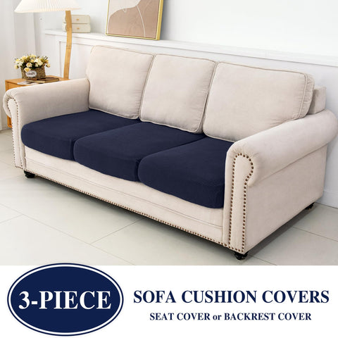LA MEACK navy backrest cushion cover showing a snug stretch fit for sofa protection