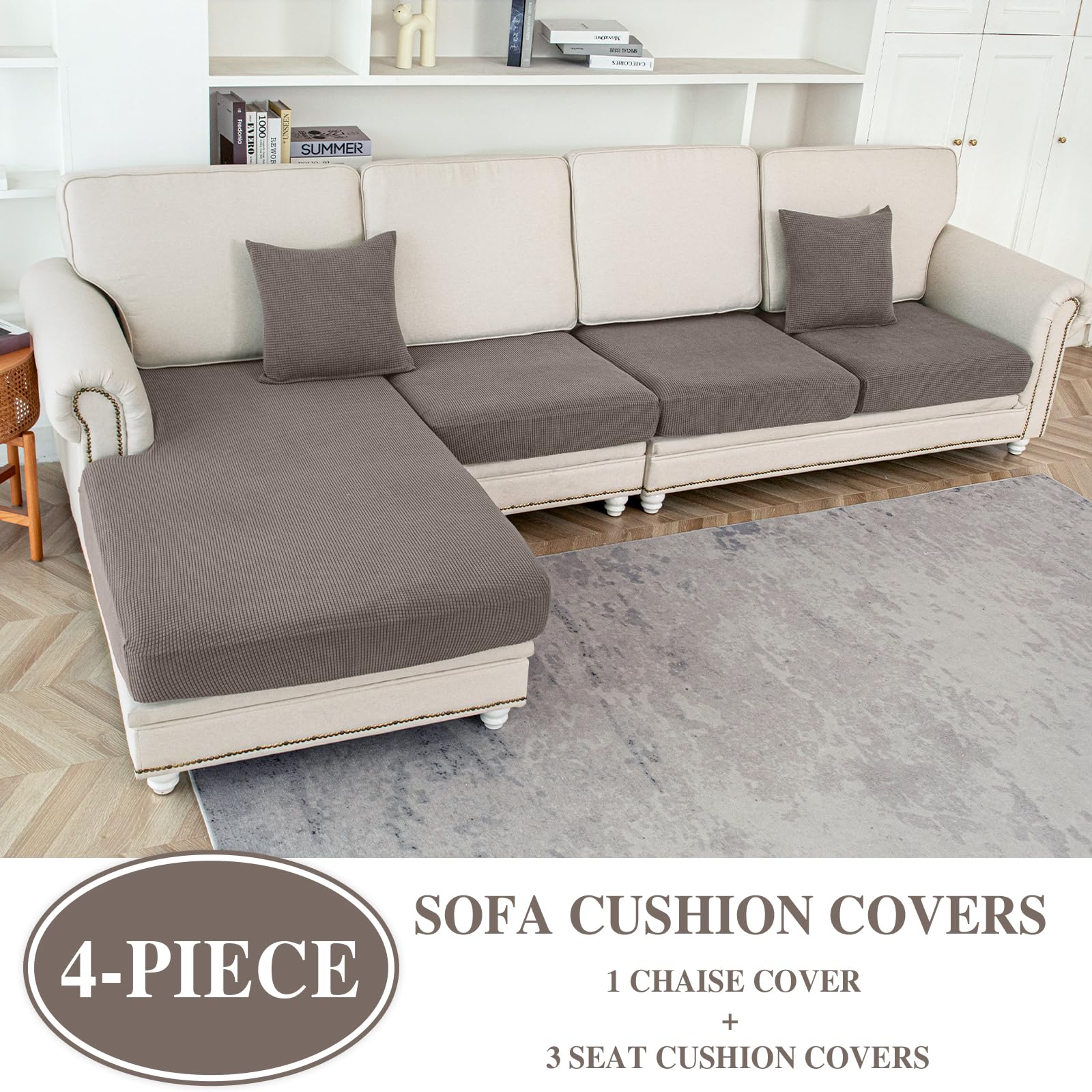 LA MEACK sectional cushion cover close-up shows stretch fabric for snug protection.