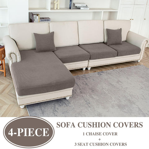LA MEACK sectional cushion cover close-up shows stretch fabric for snug protection.