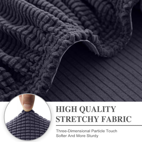 LA MEACK stretch slipcover demonstrates easy installation with an elastic edge.