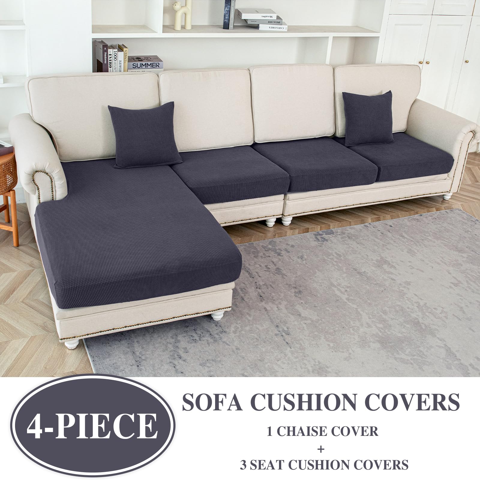 LA MEACK stretchable sofa cover demonstrates easy installation with snug, wrinkle-free fit.