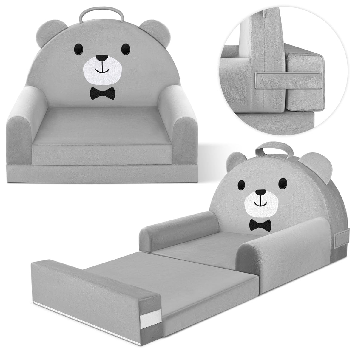 Laapee Kids Sofa Bed in grey bear design for cozy play and naps.