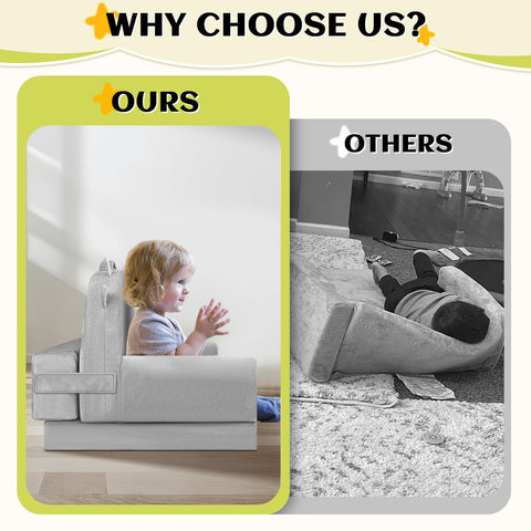 Laapee sofa bed with magic-tape backrest supports active climbing safely.