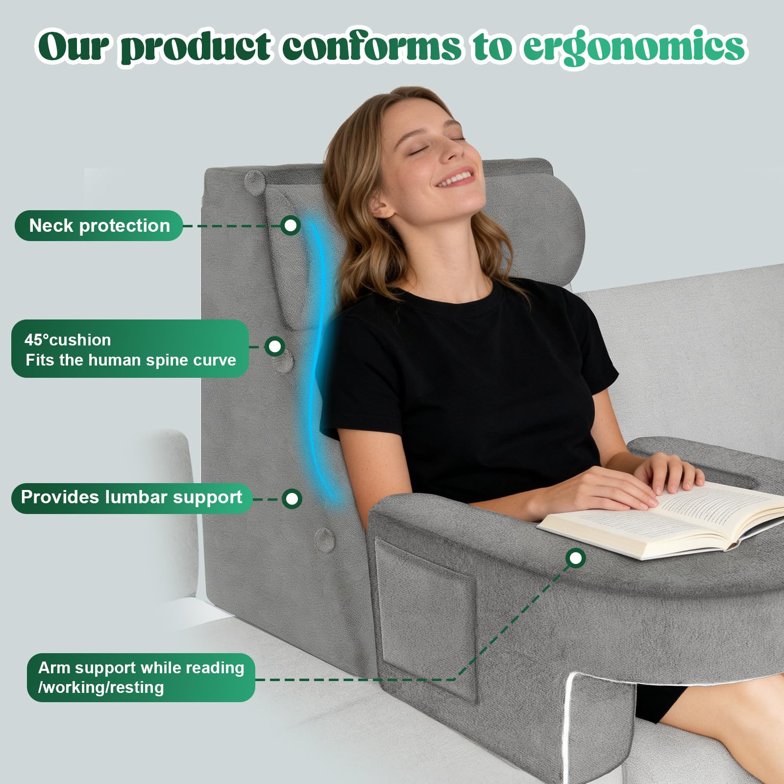 Laapee Reading Pillow Set laptop tray enables comfortable work on sofa.