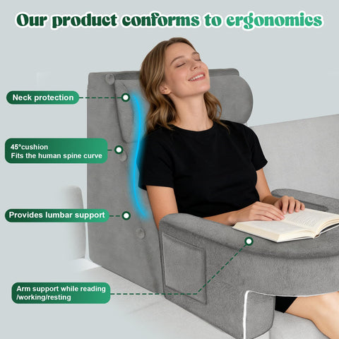 Laapee Reading Pillow Set laptop tray enables comfortable work on sofa.