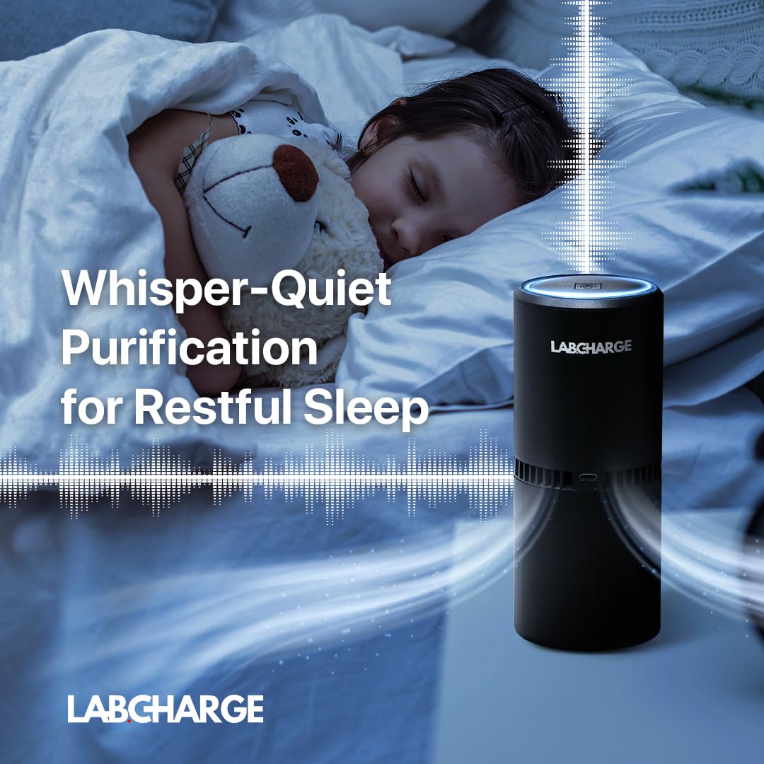LabCharge compact air purifier in a dorm room setup for discreet air refreshment