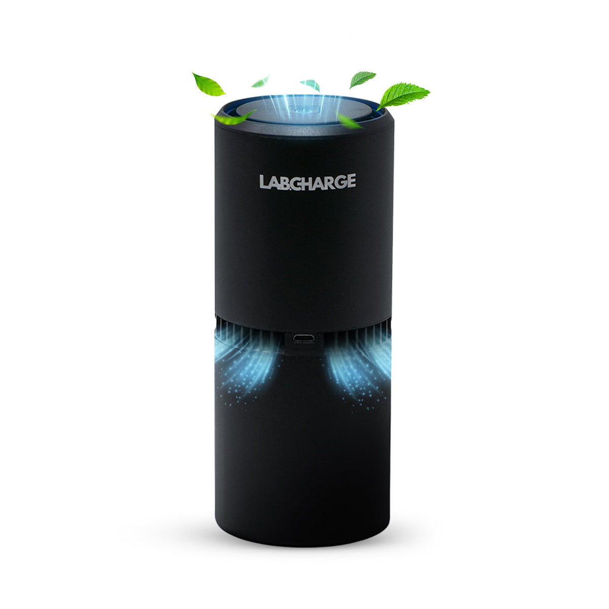 LabCharge compact air purifier front view in a quiet bedroom, showcasing space-saving design