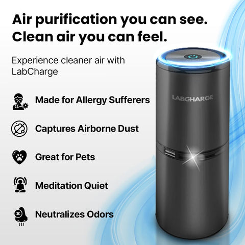 LabCharge compact air purifier side view, highlighting portable plug-in convenience
