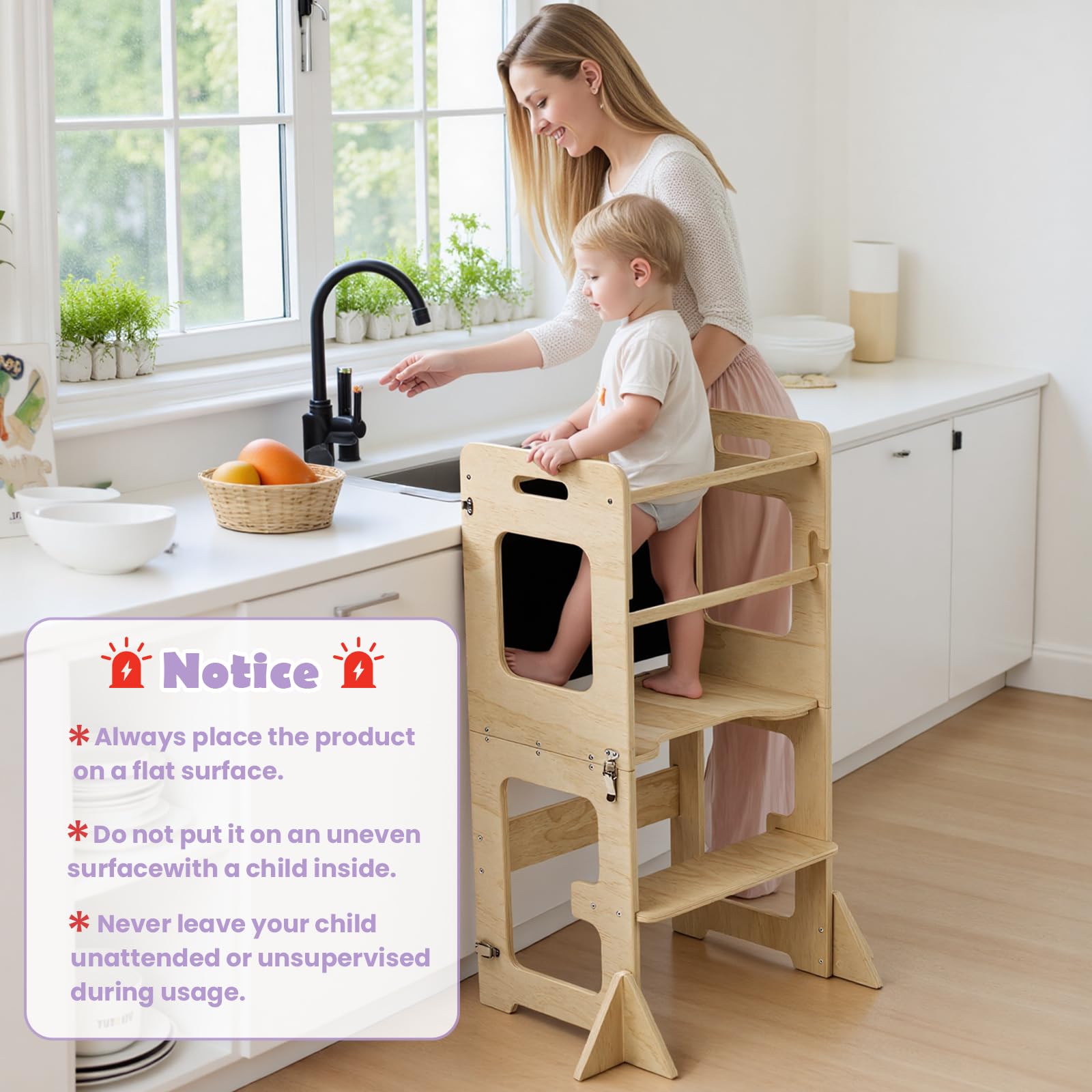 Labebe 4-in-1 foldable learning tower in use for space saving