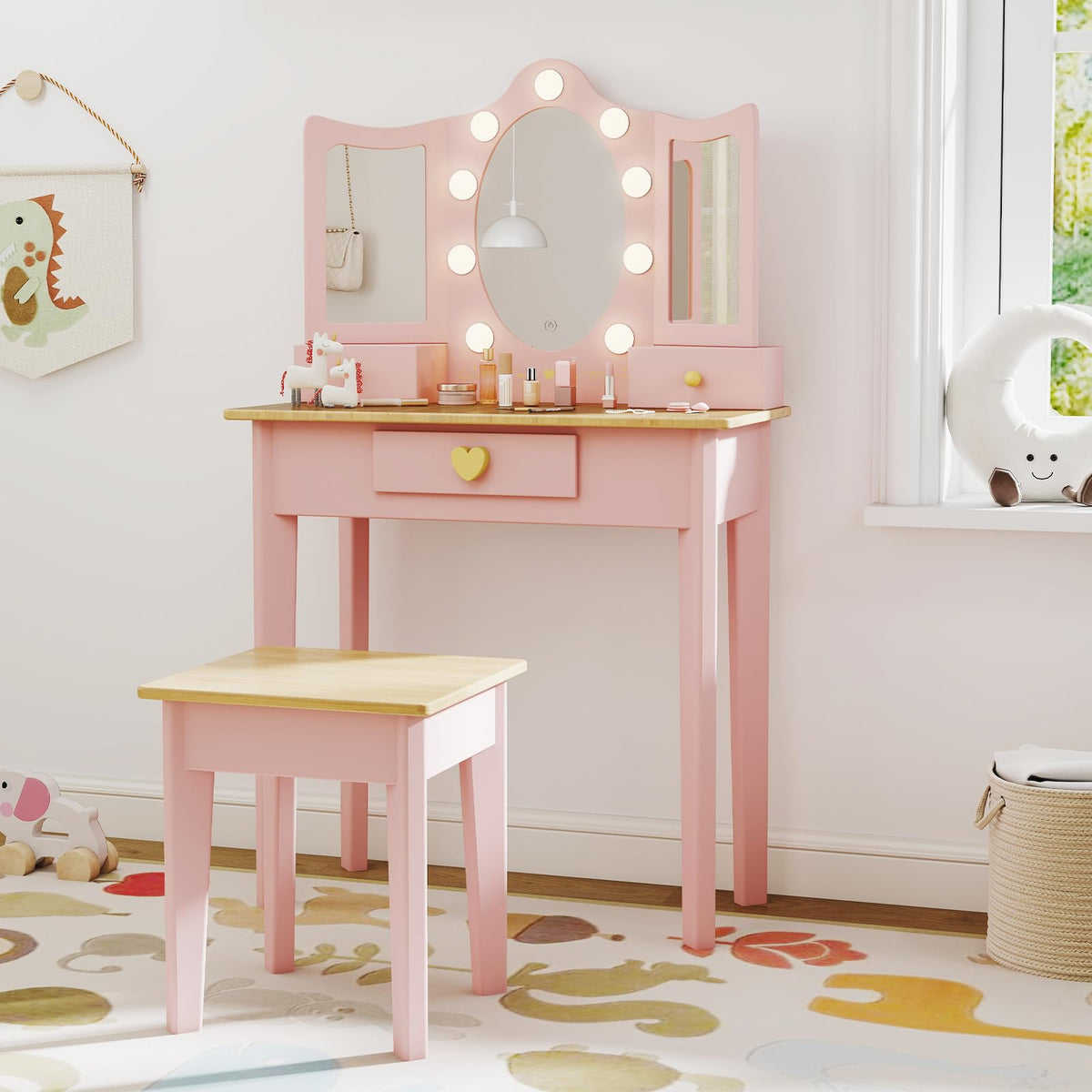 Labebe Kids Vanity with LED mirror lights for gentle, well-lit makeup time