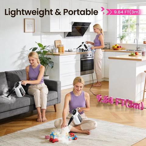 LABIGO steam cleaner cleaning windows with streak-free results and safety.