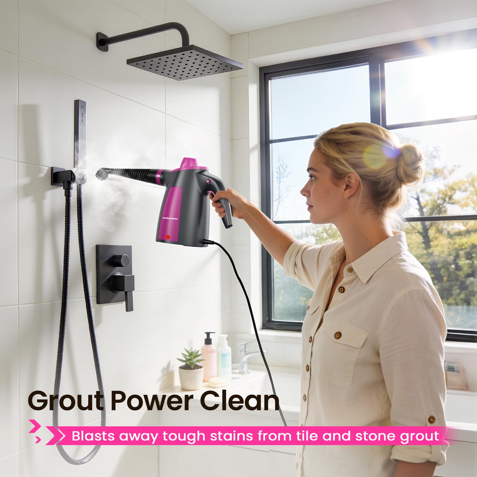LABIGO steam cleaner car interior cleaning with upholstery attachment.