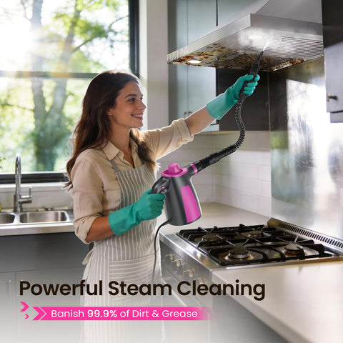 LABIGO steam cleaner with interchangeable nozzles for tight corners.