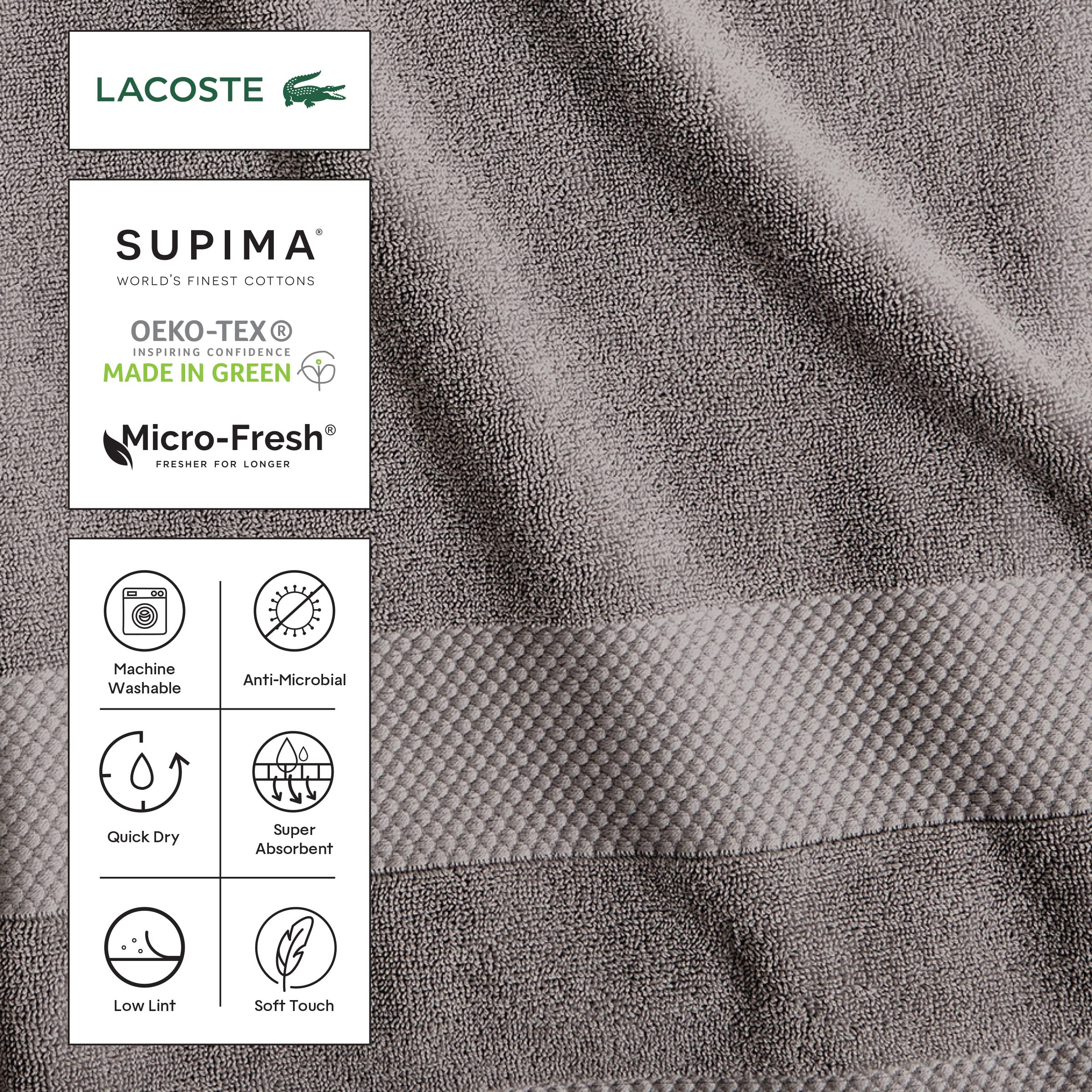Rolled Lacoste Heritage bath sheet displays thickness and plush feel