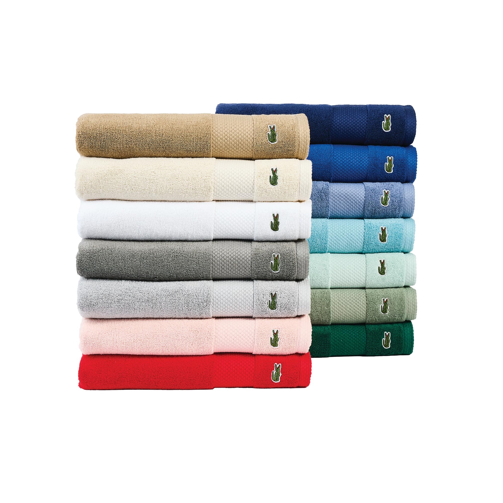 Lacoste Heritage towel in a bright bathroom setup shows vibrant color and absorbency.