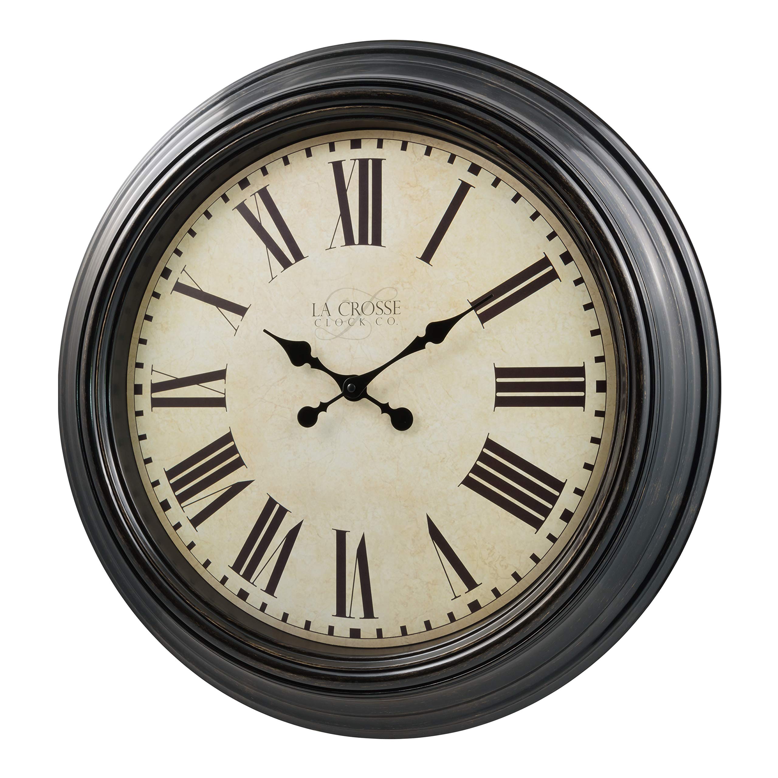 La Crosse Maxwell clock face dial with off-white backdrop and clear Roman numerals for easy reading.