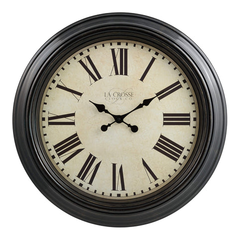 La Crosse Maxwell clock frame detail with a rich brown finish for elegant interiors.