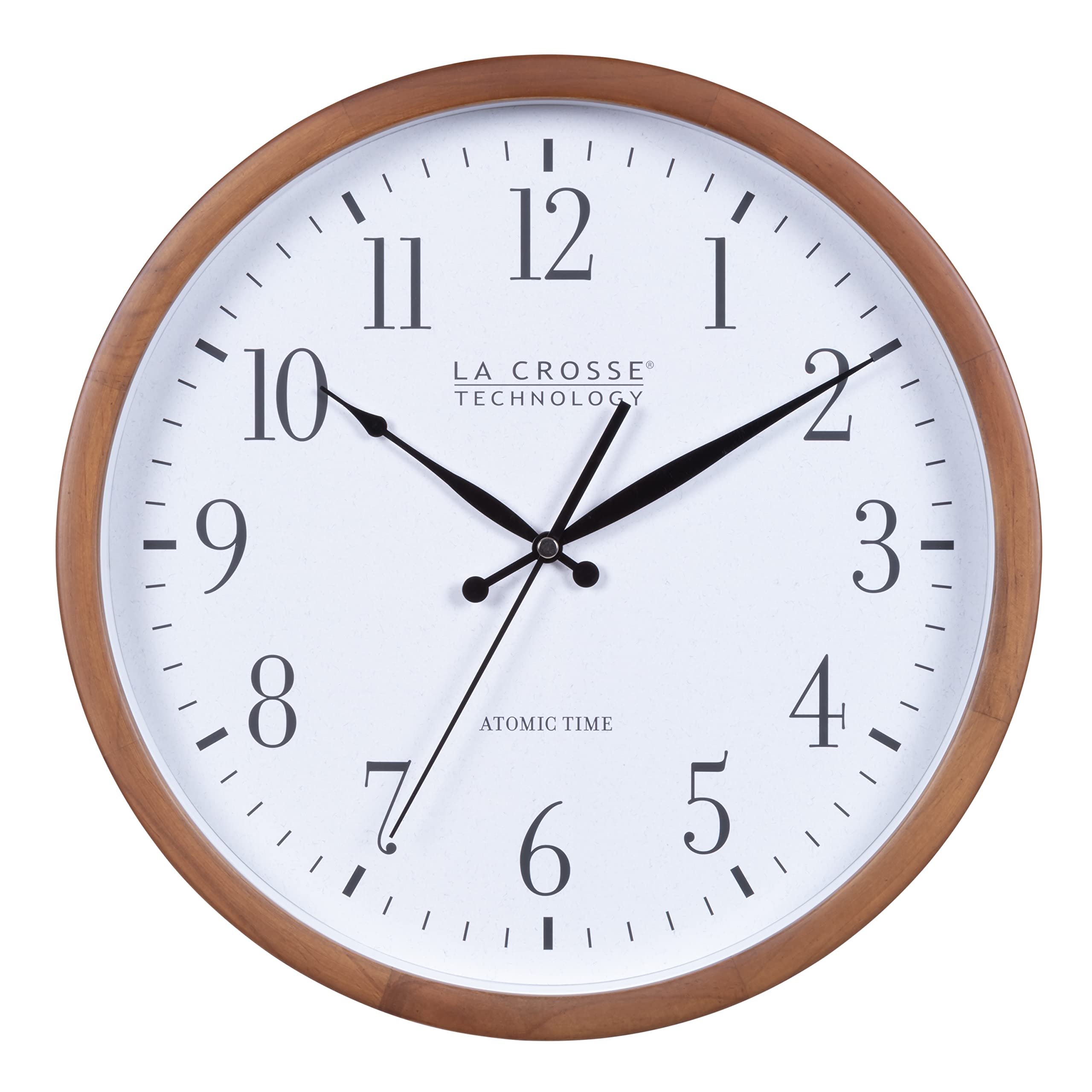 La Crosse Technology atomic analog wall clock face with large numerals for easy reading.