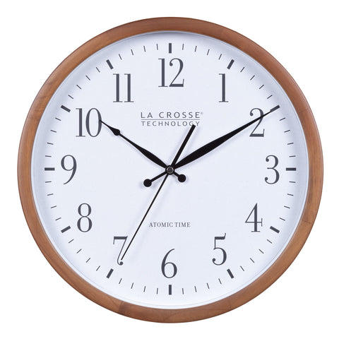 La Crosse Technology atomic analog wall clock face with large numerals for easy reading.