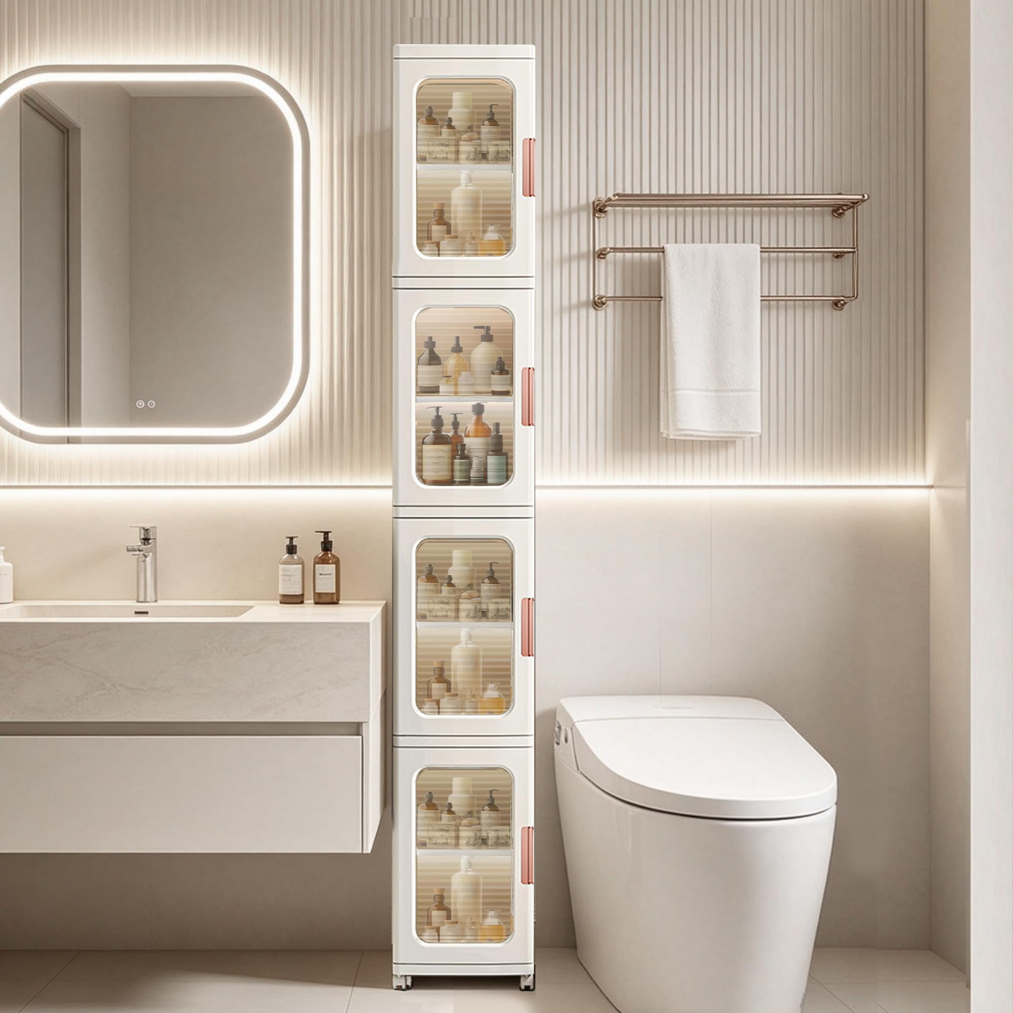 Lacusmall tall narrow storage cabinet front view showing four adjustable shelves in white