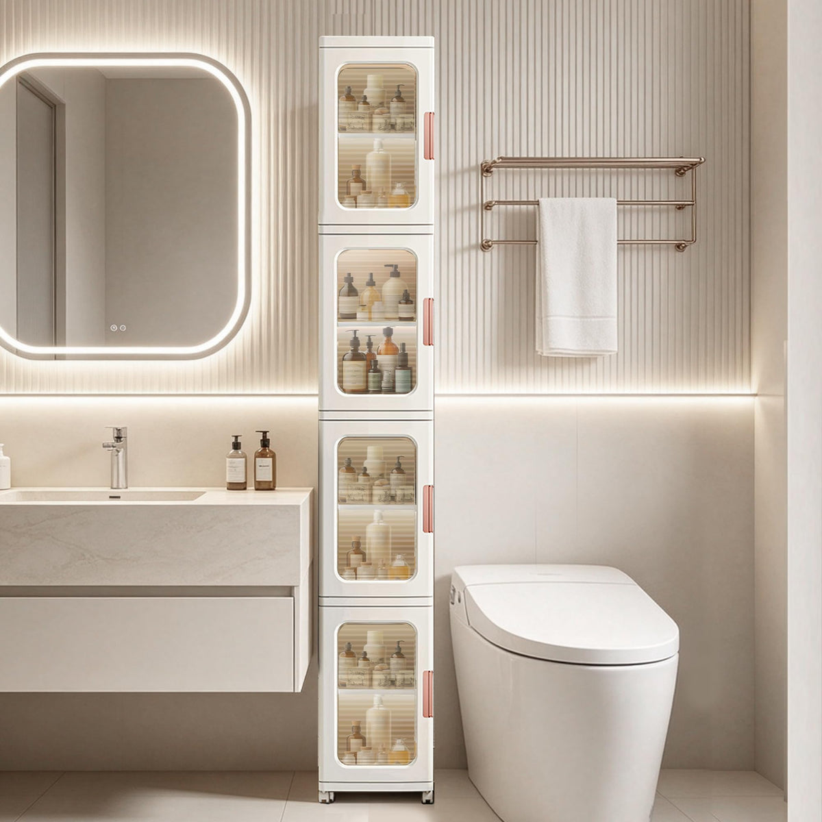 Lacusmall tall narrow storage cabinet front view showing four adjustable shelves in white