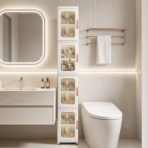 Lacusmall tall narrow storage cabinet front view showing four adjustable shelves in white
