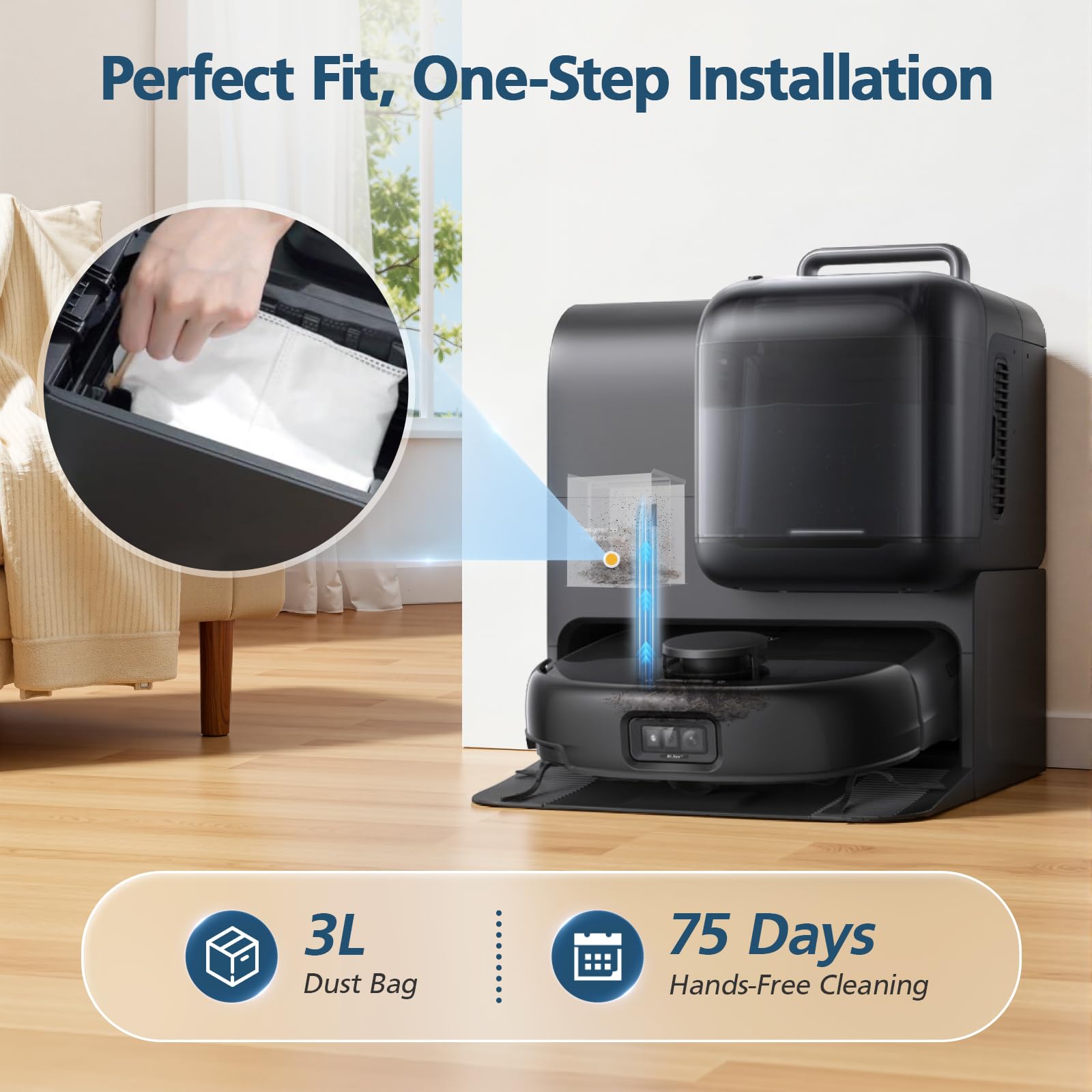 Lacvik robot vacuum in action with tidy debris containment and clean edges.