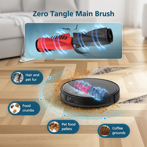 Lacvik Saros 10R side brushes arc design reduces tangling and boosts debris pickup.