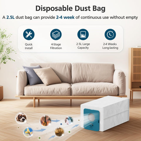 Dust bag size 4.9 x 4.7 x 9.8 inches for a snug fit in the container.
