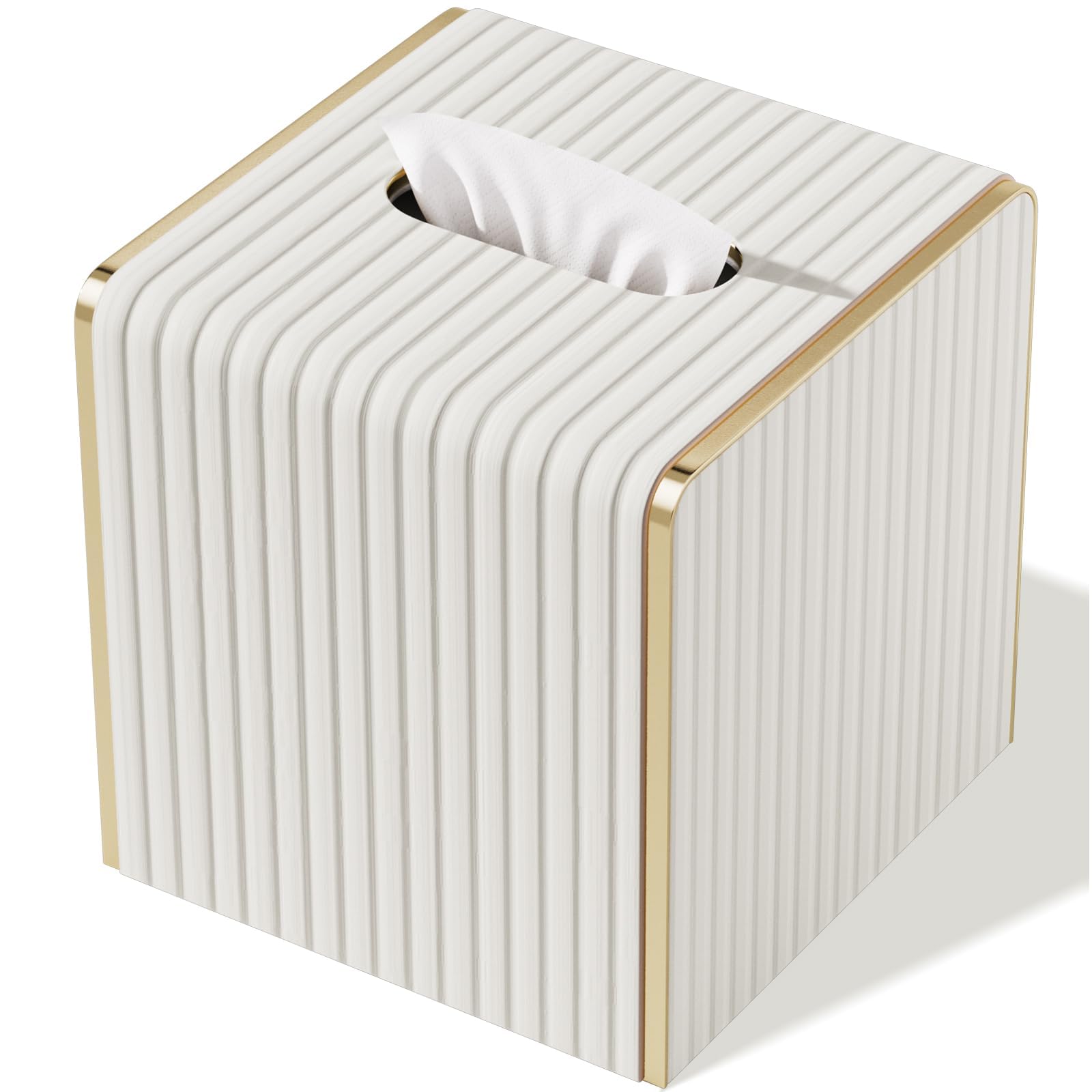 LADSTAG tissue box cover with white leather and gold edging enhances modern living rooms.
