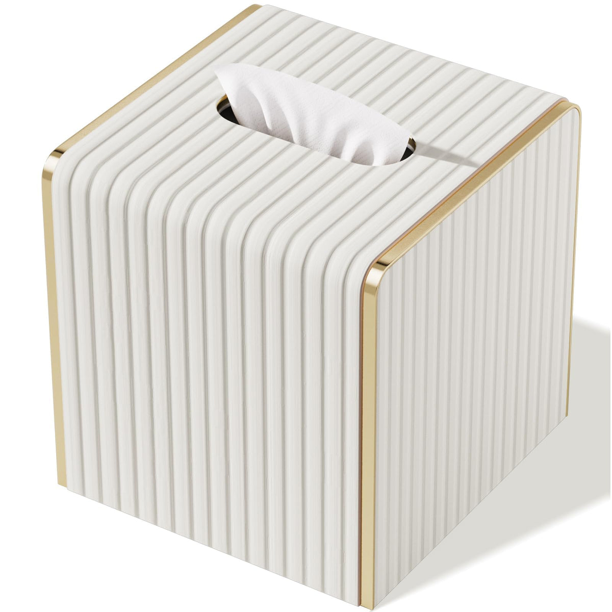 LADSTAG tissue box cover with white leather and gold edging enhances modern living rooms.