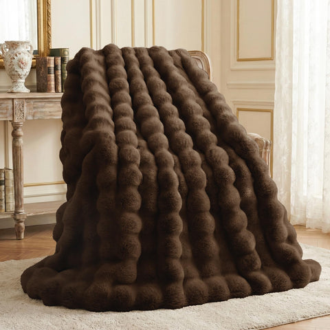 L'AGRATY faux rabbit fur blanket cocoa brown full view for cozy living room warmth.