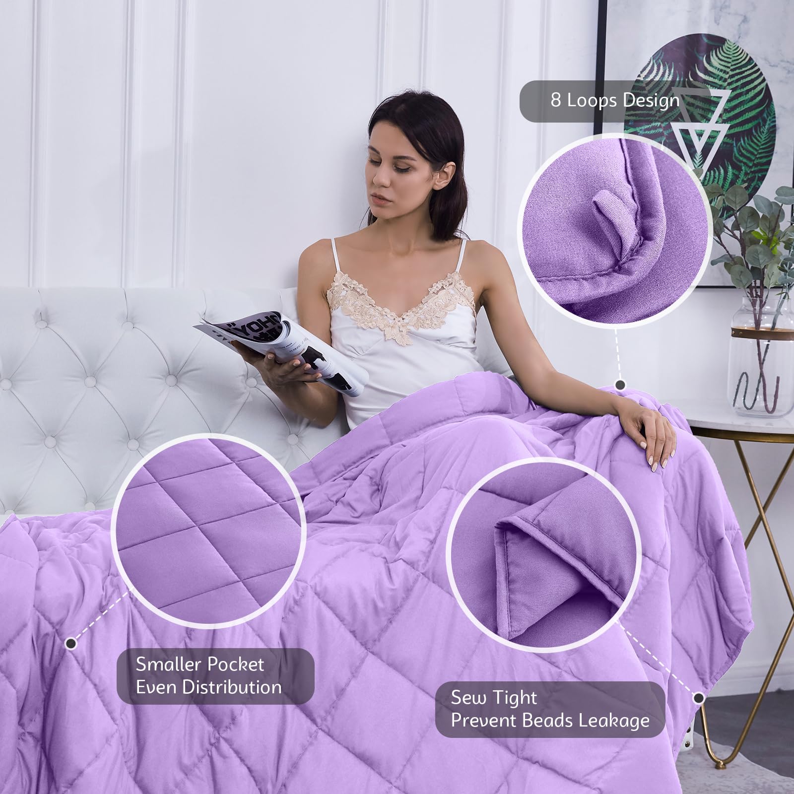 L'AGRATY weighted blanket in use during reading and relaxing sessions.