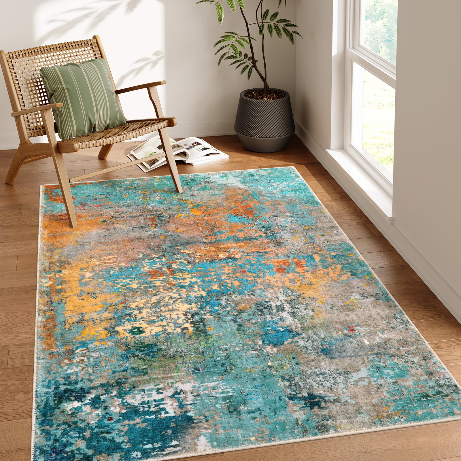 Lahome abstract rug 5x7 with a colorful close-up of the pattern for living spaces