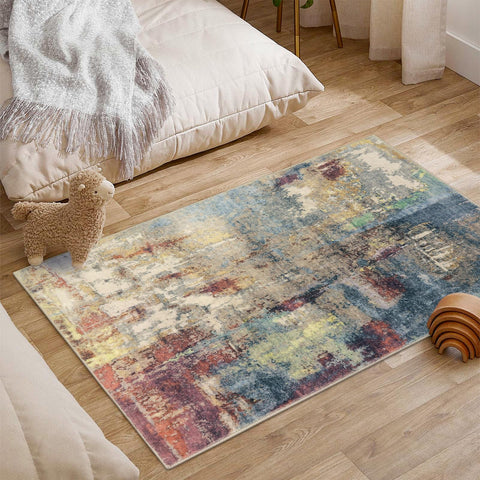 Lahome Abstract Rug red-blue-yellow print adds color while masking footprints.