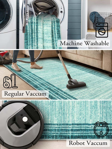 Lahome Amabel teal border rug in entryway with clean minimalist contrast.
