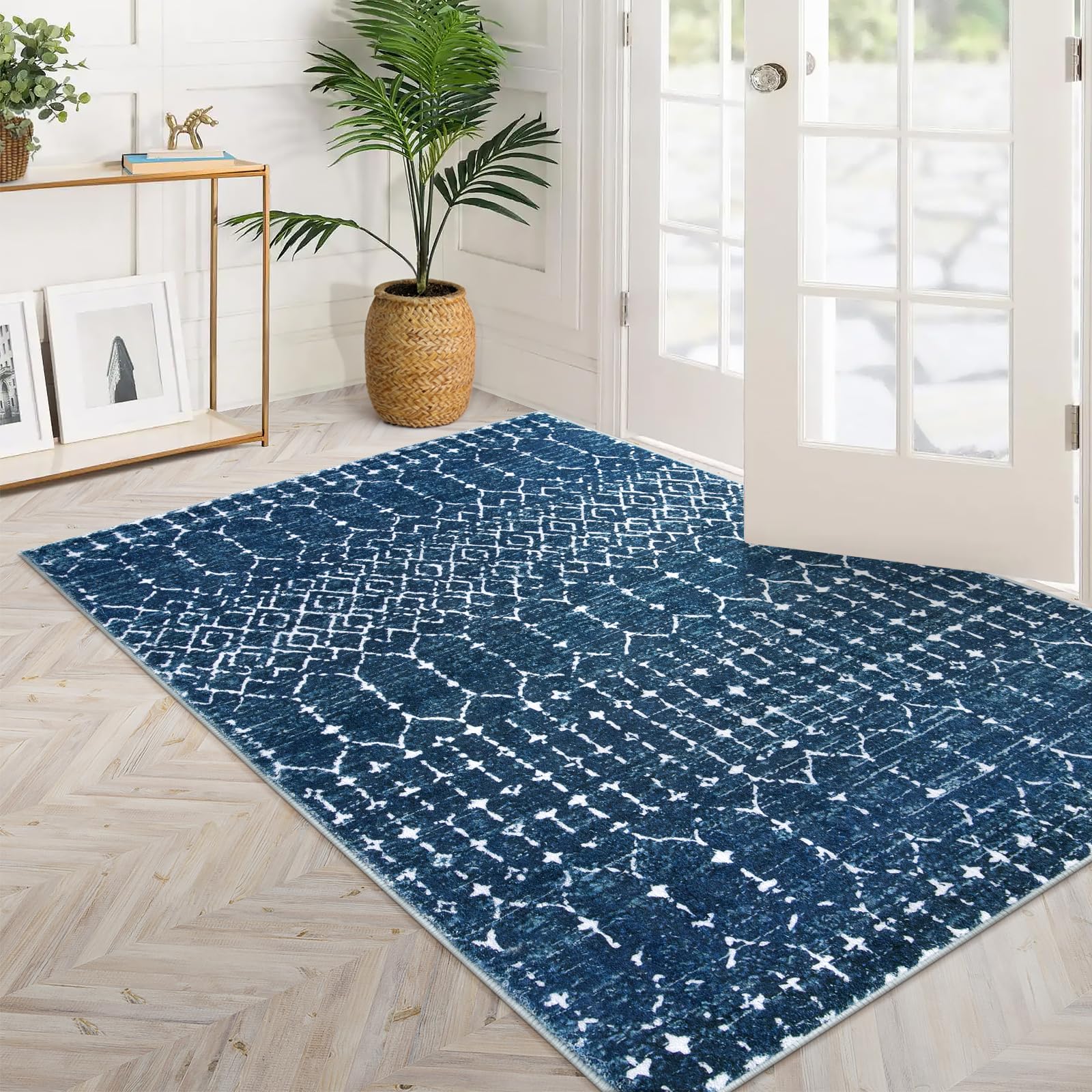 Lahome folded blue rug shows portability and ease.
