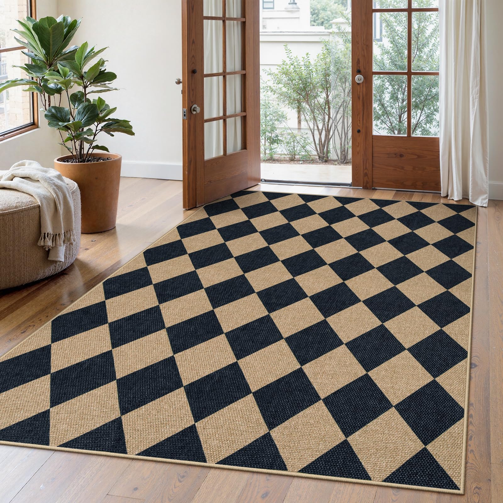 Lahome Checkered Easy Jute 5x7 rug top view shows durable, washable design for busy spaces