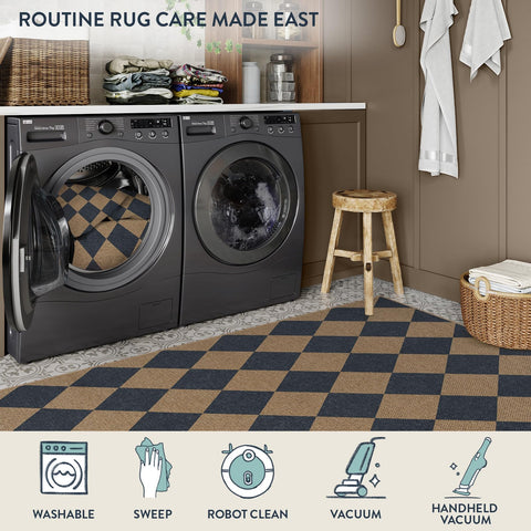 Lahome Colette blue checkerboard rug used as a kitchen mat with easy care