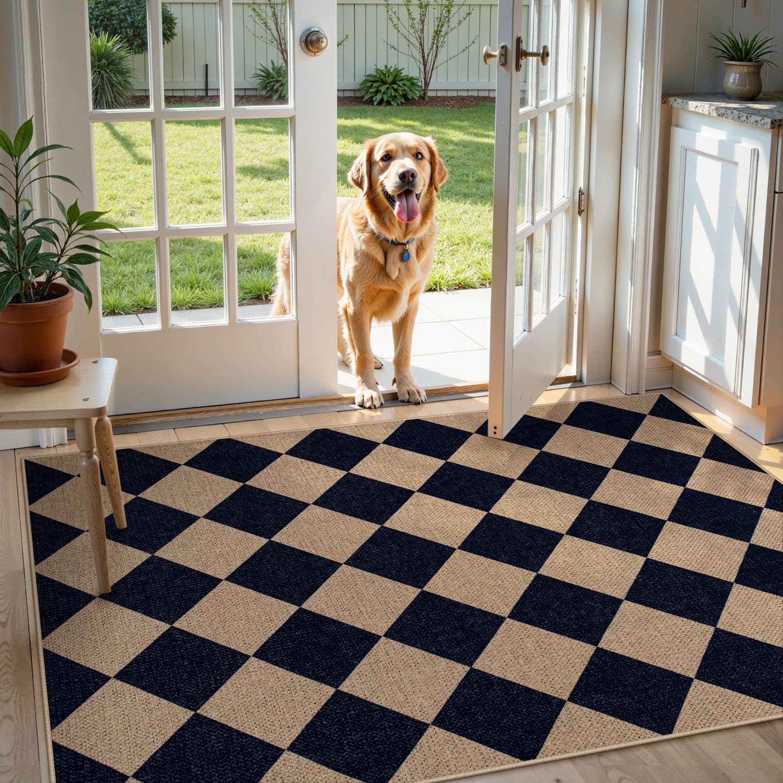 Lahome Colette checkered entry rug on a deck highlighting outdoor-friendly care